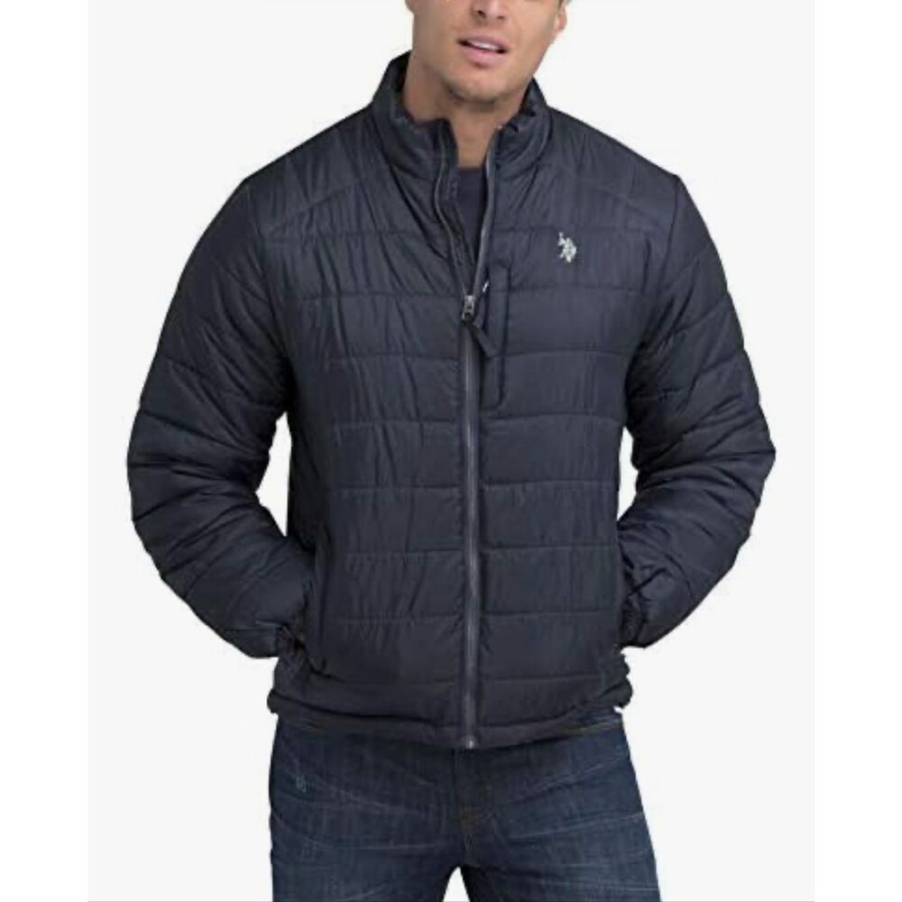 U.S. Polo Assn Black Down Puffer Jacket Lightweight Zip Coat Y2K Utility Sz L